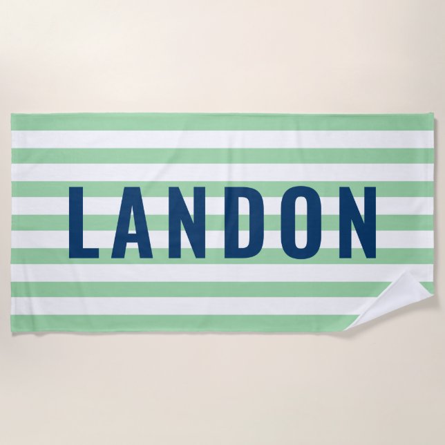 Serviette De Plage Nom personnalisé moderne Marine Green Stried (Devant)