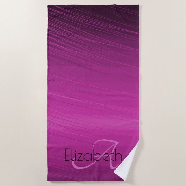 Serviette De Plage Nom Personnalisé Monogramme Chic Purple Black Stre (Devant)