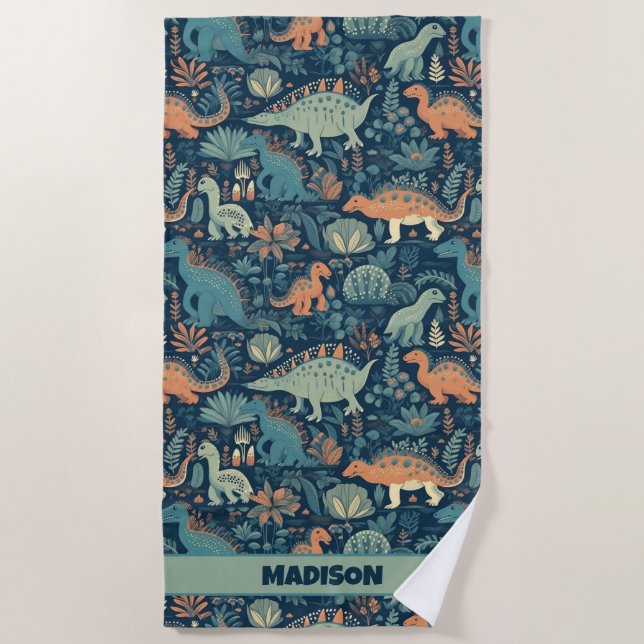 Serviette De Plage Nom personnalisé Motif Dinosaur (Devant)