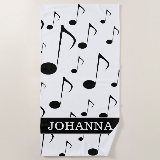 Serviette De Plage Nom personnalisé + Motif Nombres de notes musicale (Devant)