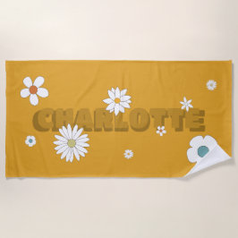 Serviette De Plage Nom personnalisé Orange Retro Style Fleurs