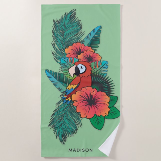 Serviette De Plage Nom personnalisé Perroquet tropical (Devant)
