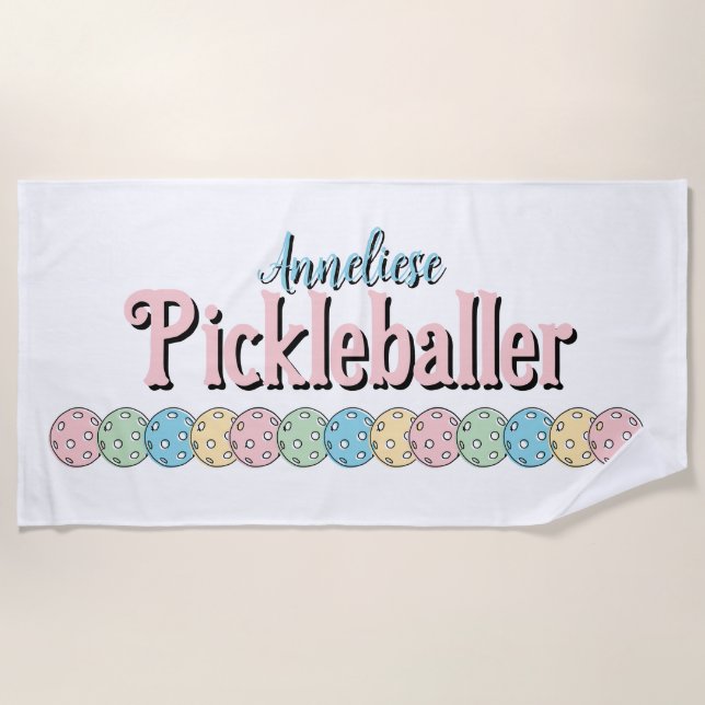 Serviette De Plage Nom personnalisé "Pickleballer" Pickleball pastel  (Devant)