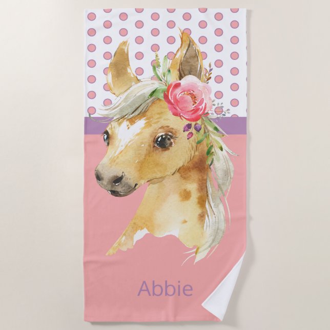 Serviette De Plage Nom personnalisé Pink Pony Girl (Devant)