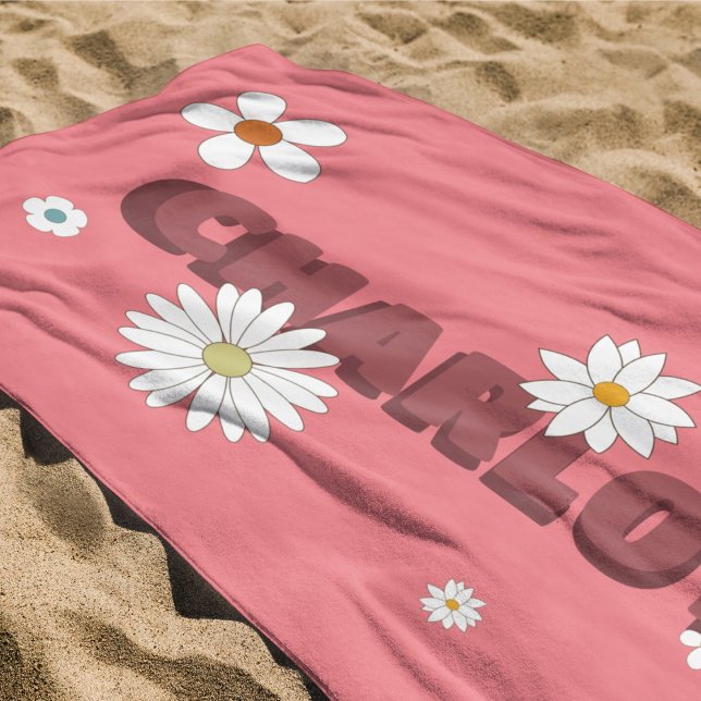 Serviette De Plage Nom personnalisé Pink Retro Style Flowers (Personalized Name Pink Retro Style Flowers Beach Towel)