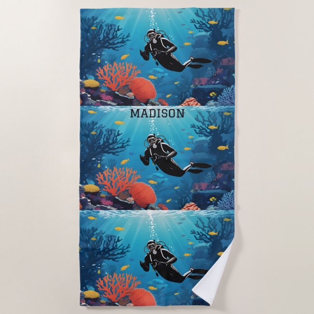 Serviette De Plage Nom personnalisé Scuba Diver (Devant)