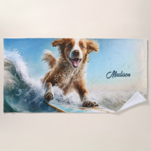 Serviette De Plage Nom personnalisé Surfing Chien