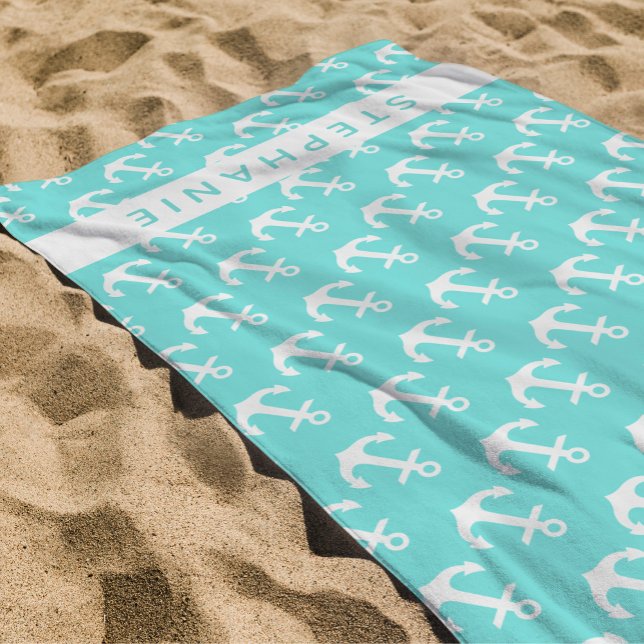 Serviette De Plage Nom personnalisé Turquoise Ancre blanche marine (Créateur téléchargé)