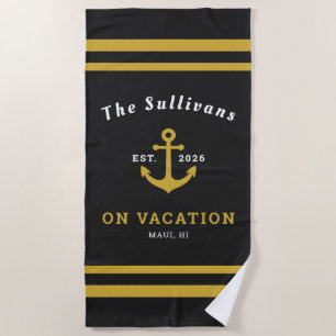 Serviette De Plage Nom personnalisé Vacances en famille Ancre Or Noir