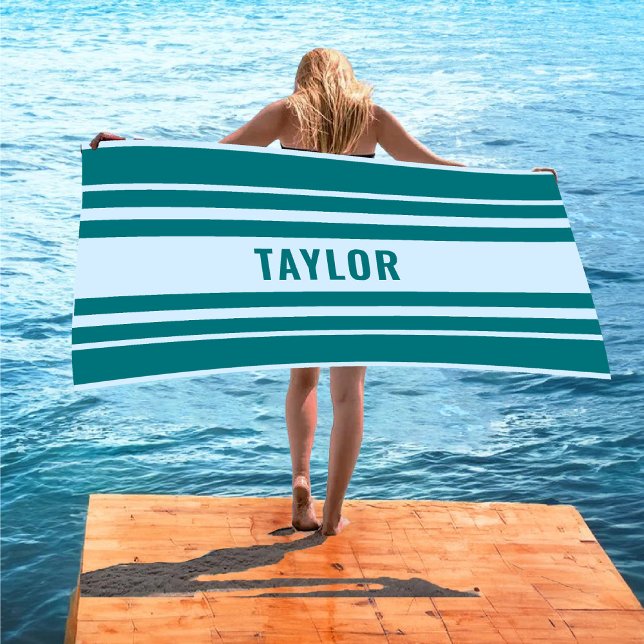 Serviette De Plage Nom personnalisé Vacances Turquoise de famille tri (Custom Name Teal Striped Family Vacation Beach Towel)