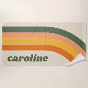 Serviette De Plage Nom personnalisé vert orange arc-en-ciel Rétro 70