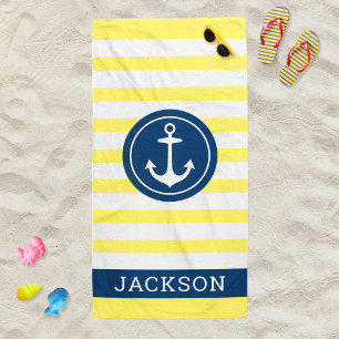Serviette De Plage Nom personnel nautique Marine Jaune rayé