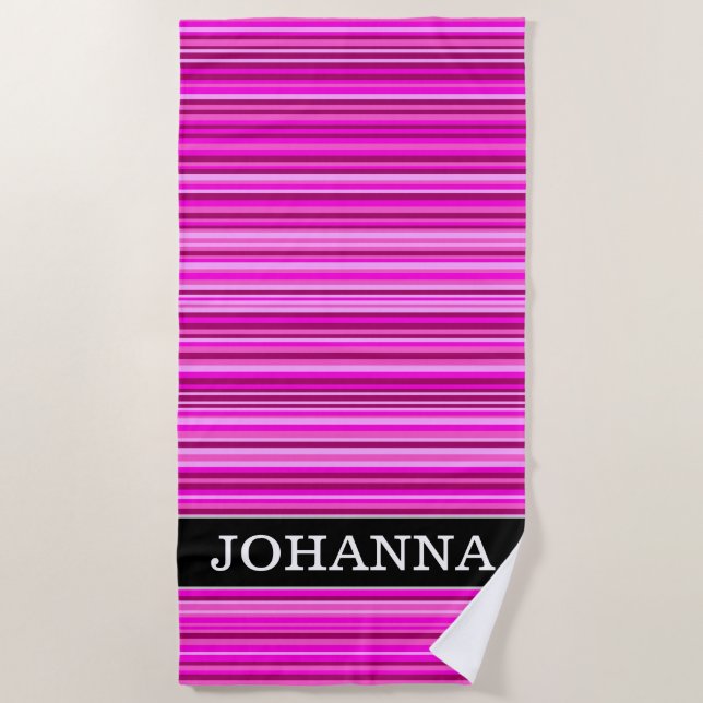 Serviette De Plage Nom + Rayures/lignes magenta et roses motif (Devant)