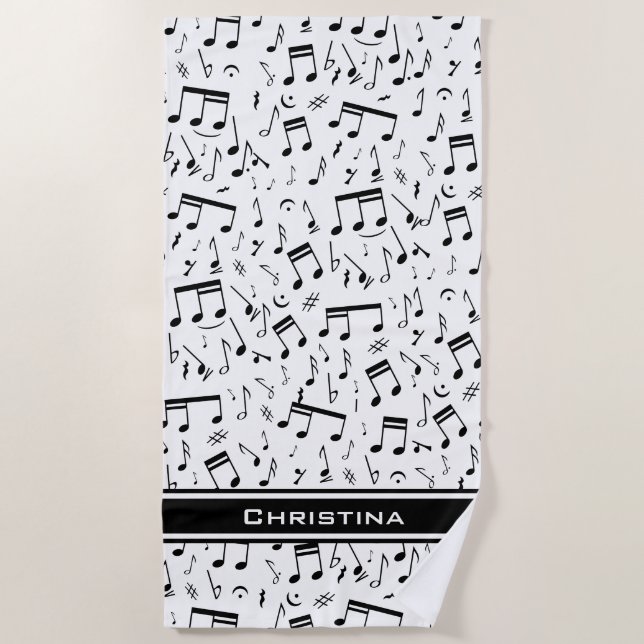 Serviette De Plage Notes de musique blanche et noire de luxe personna (Devant)
