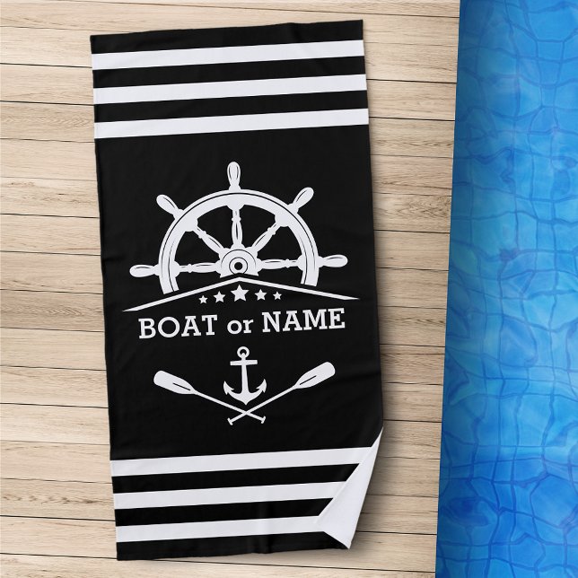 Serviette De Plage Oars d'Ancres nautiques Helm Votre nom Noir & Blan (Créateur téléchargé)