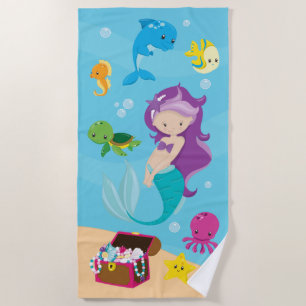 Serviette De Plage Ocean Sea Friends mignonne caricature sirène & tré