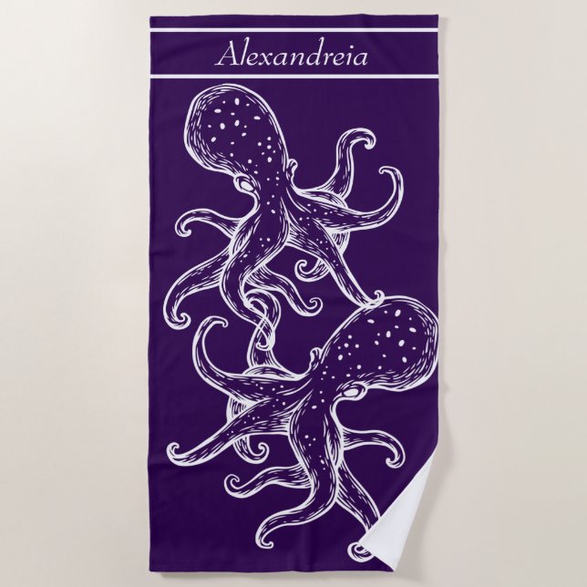 Serviette De Plage Octopus blanc marine moderne océan violet (Devant)
