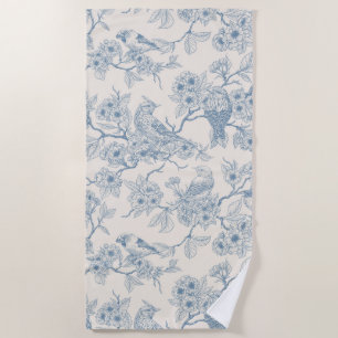 Serviette De Plage Oiseaux et fleurs de cerisier en bleu et blanc cas