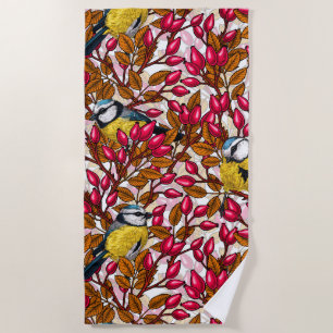 Serviette De Plage Oiseaux et hanches roses de chien