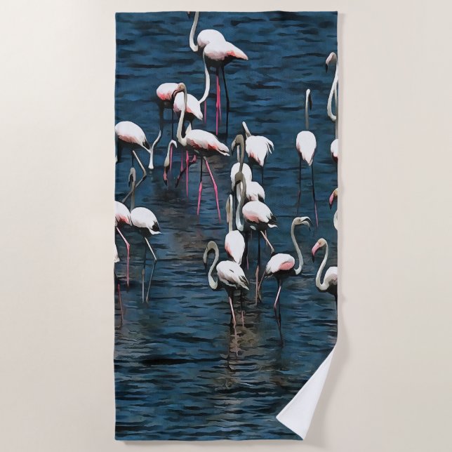 Serviette De Plage Oiseaux Flamants roses en rose et blanc sur bleu I (Devant)