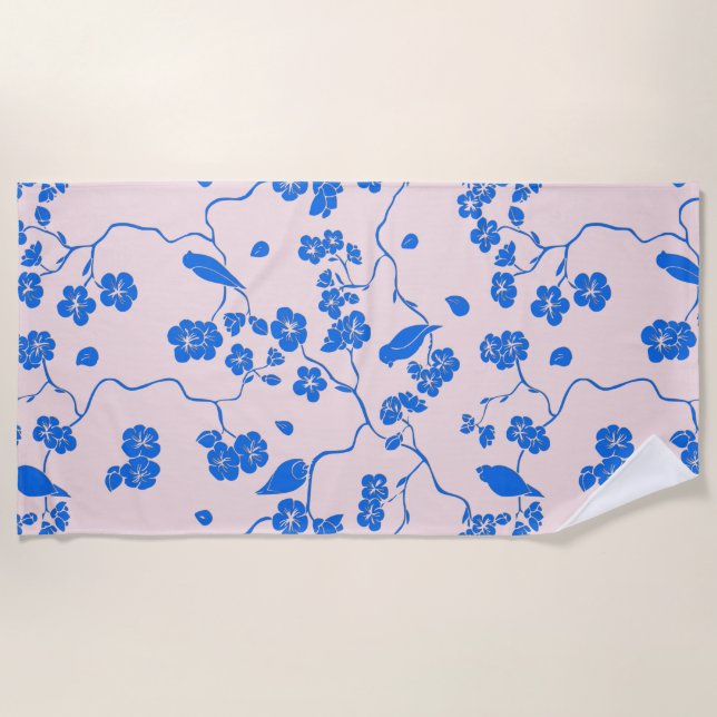 Serviette De Plage Oiseaux sur les fleurs de cerisier Bleu sur Blush (Devant)