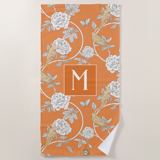 Serviette De Plage Orange Chinoiserie Fleurs et oiseaux Monogramme (Devant)