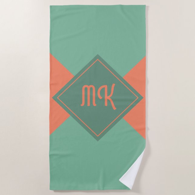 Serviette De Plage orange et vert monogramme (Devant)