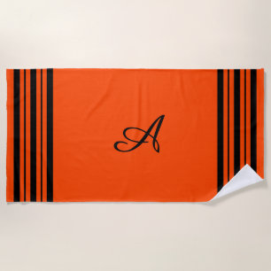 Serviette De Plage Orange rouge avec Barres à rayures noires et Monog