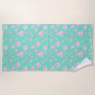 Serviette De Plage Ornements de Noël turquoise et rose, flocons de ne