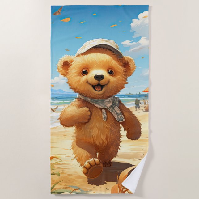 Serviette De Plage Ours en peluche mignon marchant sur la plage (Devant)
