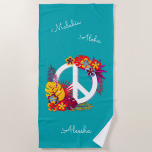 Serviette De Plage Paix Amour Hawaïen Tropical Personnalisé Bleu