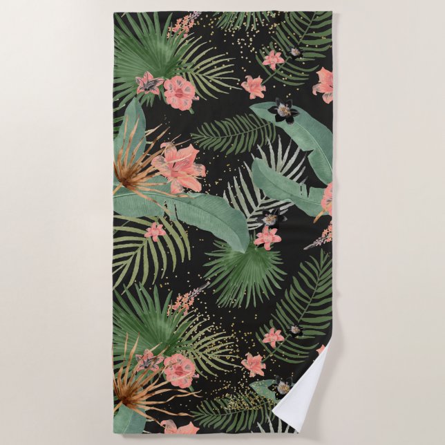 Serviette De Plage Palme tropicale Feuille rose floral noir (Devant)
