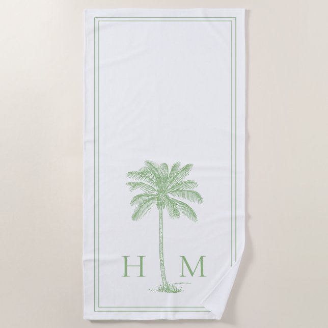 Serviette De Plage Palmier blanc et vert côtier Monogramme de palmier (Devant)