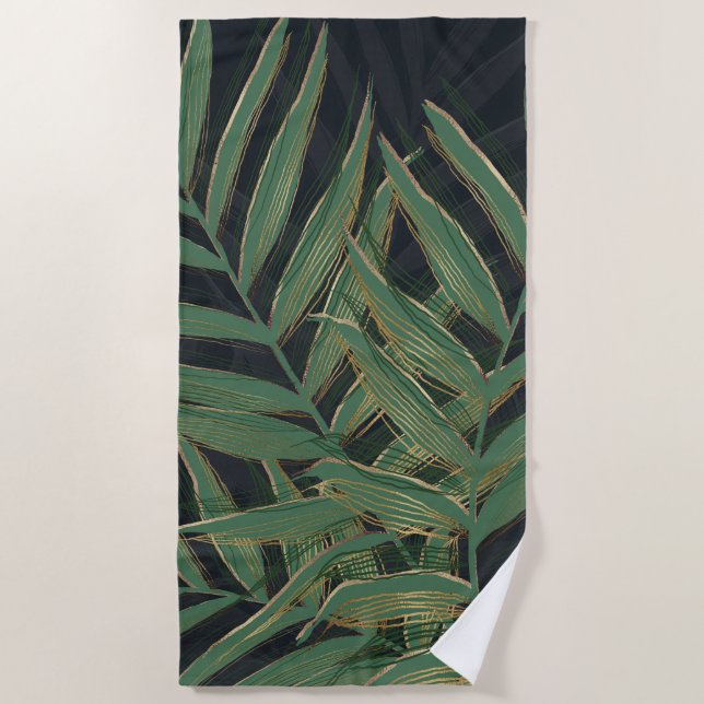 Serviette De Plage Palmier Vert Feuille Gold Strokes Gris Design (Devant)