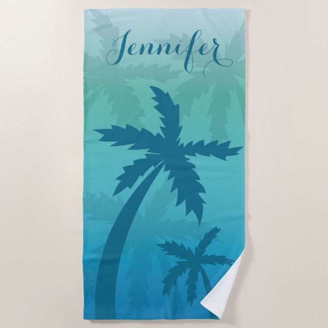 Serviette De Plage Palmiers Bleus Tropical Avec Nom Personnalisé (Devant)