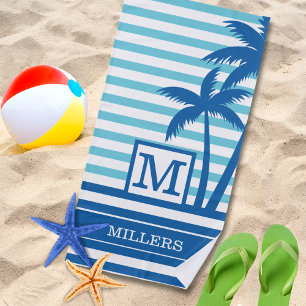 Serviette De Plage Palmiers tropicaux Monogramme Nom Aqua Blue Stripe