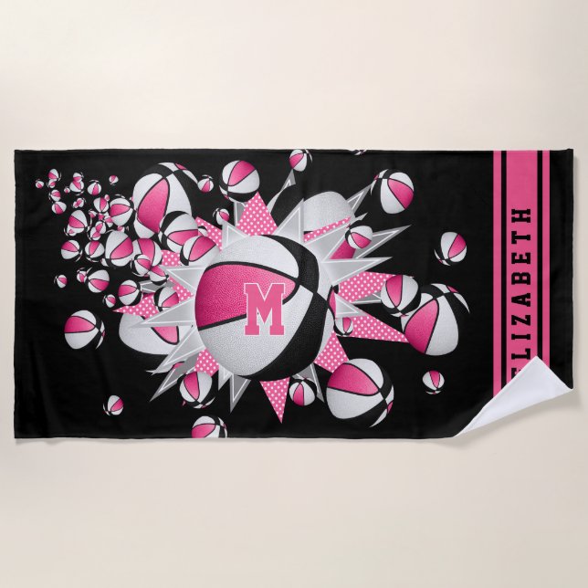Serviette De Plage paniers noirs rose étoiles son nom monogrammed (Devant)