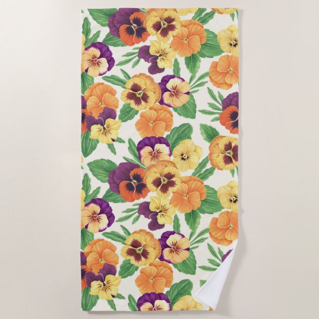 Serviette De Plage Pansies sur blanc cassé (Devant)