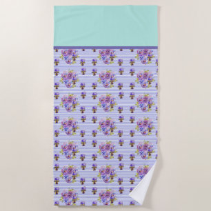 Serviette De Plage Pansy Flower Aqua Stripe art floral filles femmes