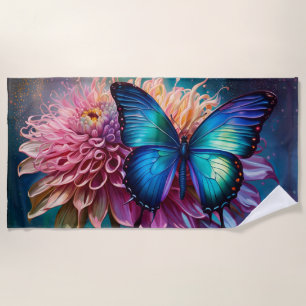 Serviette De Plage Papillon bleu et Dahlia