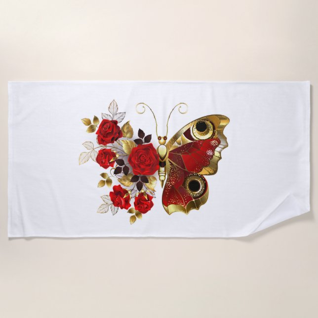 Serviette De Plage Papillon de fleurs rouges aux roses rouges (Devant)
