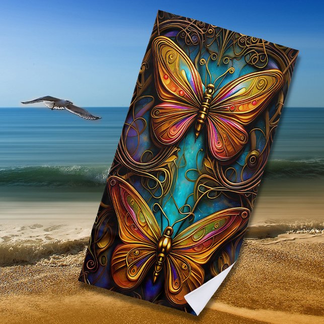 Serviette De Plage Papillons de bronze sur Aqua Blue (Créateur téléchargé)