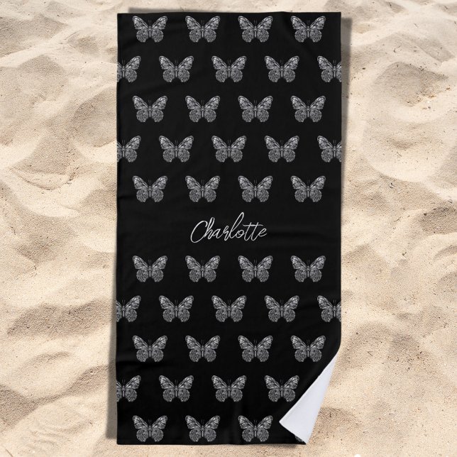 Serviette De Plage Papillons en argent noir motif nom script (Créateur téléchargé)