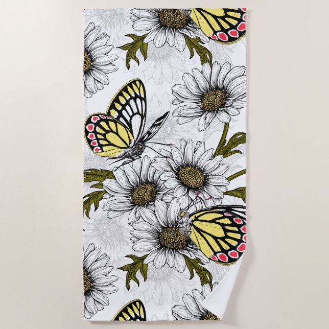 Serviette De Plage Papillons Jézabel et fleurs marguerites sur blanc (Devant)