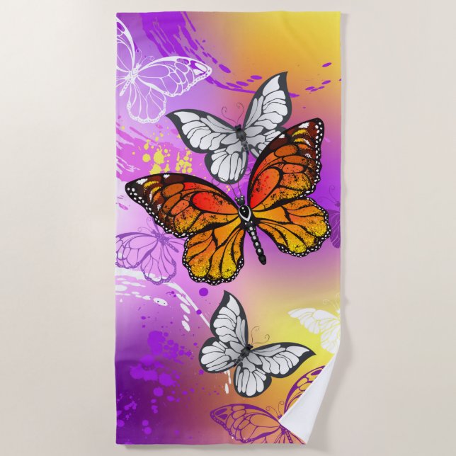 Serviette De Plage Papillons Monarque sur Arrière - plan pourpre (Devant)