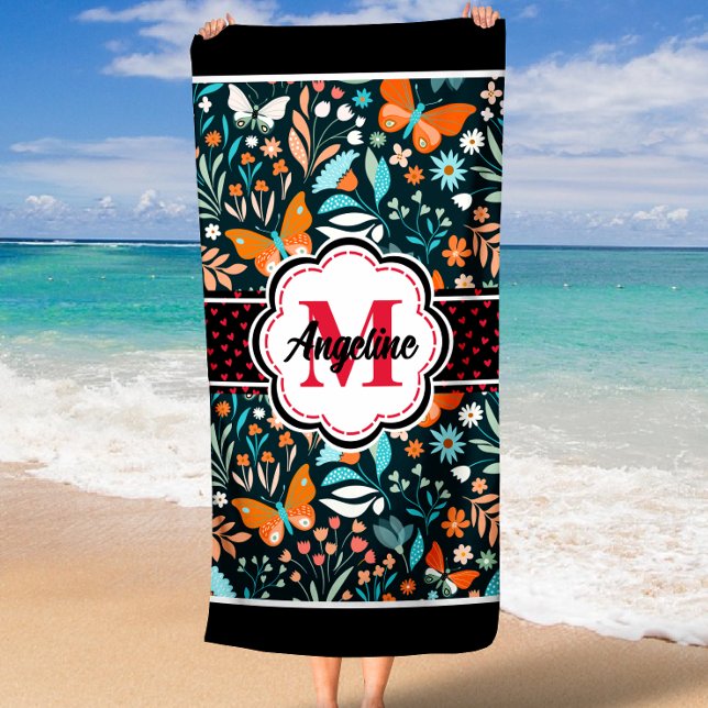 Serviette De Plage Papillons Motif Nom personnalisé Monogramme (Créateur téléchargé)