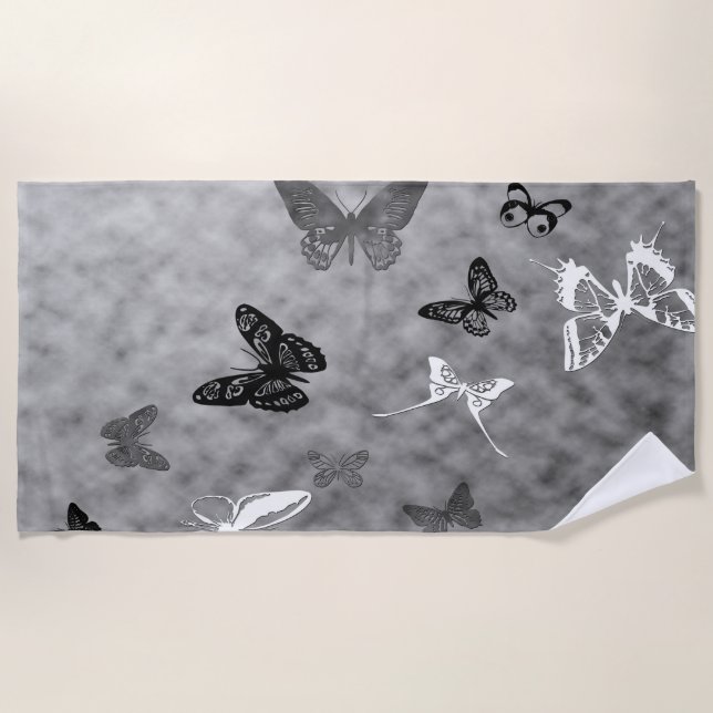 Serviette De Plage Papillons noirs et blancs (Devant)
