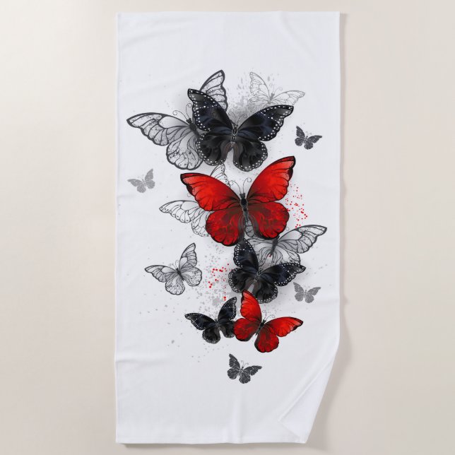 Serviette De Plage Papillons noirs et rouges volants (Devant)