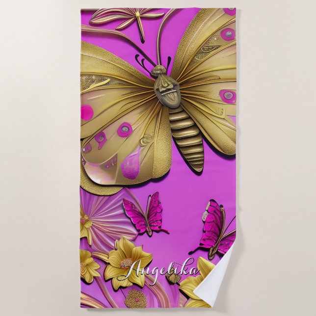 Serviette De Plage Papillons Or Hot rose Nom personnalisé (Devant)
