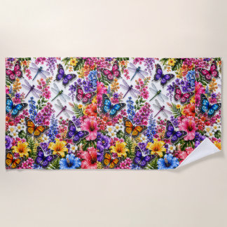 Serviette De Plage Papillons Tropicaux et Fleurs d'Été